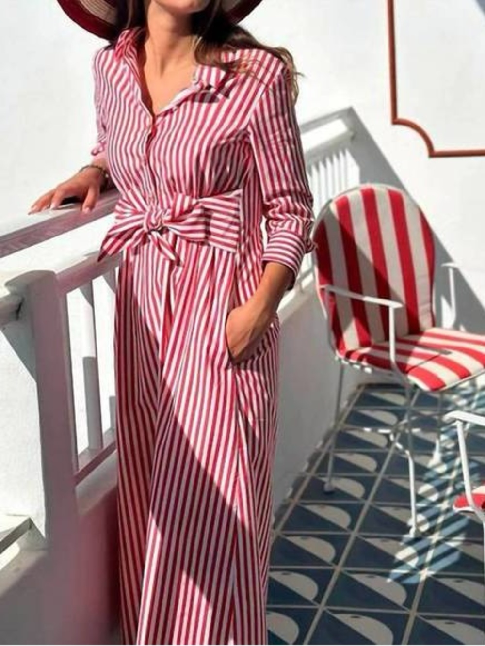 NEW SOLD OUT w/tags Viagallo Red&White Striped Tie-Waist Shirt Dress. Size 42.